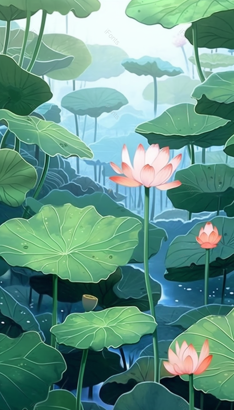 绿色夏日荷花盛开接天莲叶手绘插画背景,插画/手绘图,插画/手绘图库,插画/手绘图下载,插画/手绘
